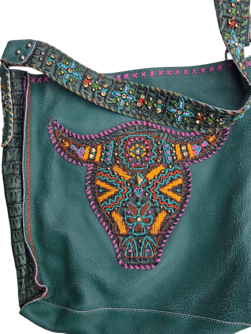 Teal Leather Satchel with Embroidered Bull Motif